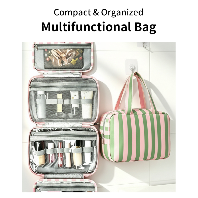 Four-Fold Toiletry Bag - Green and Pink Stripes 1 Piece